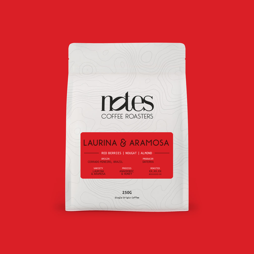 White Notes Coffee Roasters bag with Laurina & Aramosa label on a red background